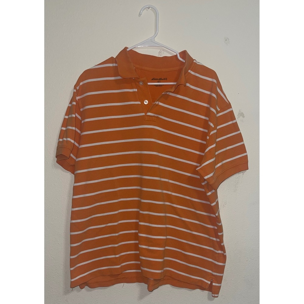 Eddie Bauer Mens XL Tall Orange White Striped Cotton Short Sleeve Polo Shirt